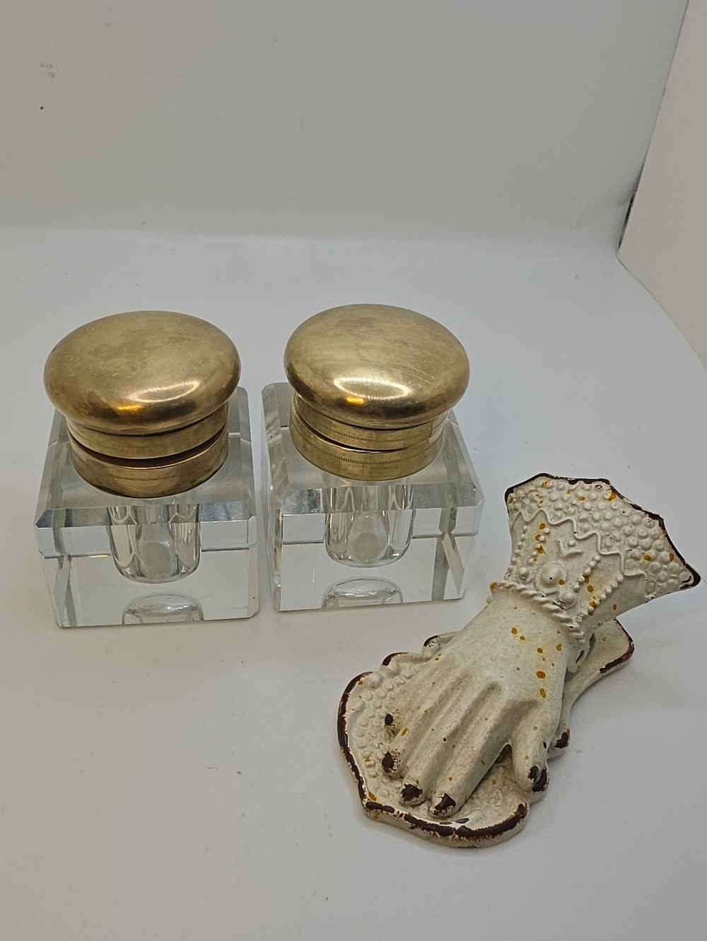 Antique Brass Inkwell Crystal Glass Decor Accessory Desk-2 / Hand Note Clip